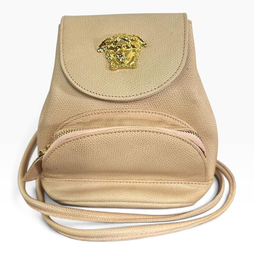 Gianni Versace Vintage Backpack Bag Womens Mini Beige Leather Italy Medusa Gold